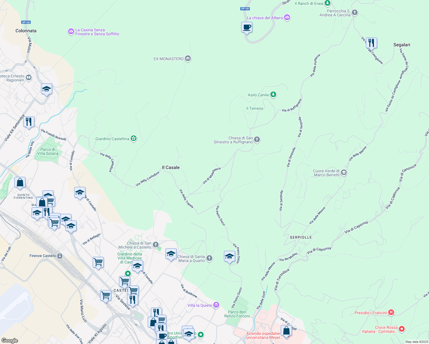map of restaurants, bars, coffee shops, grocery stores, and more near 70 Via di Malafrasca in Città Metropolitana di Firenze
