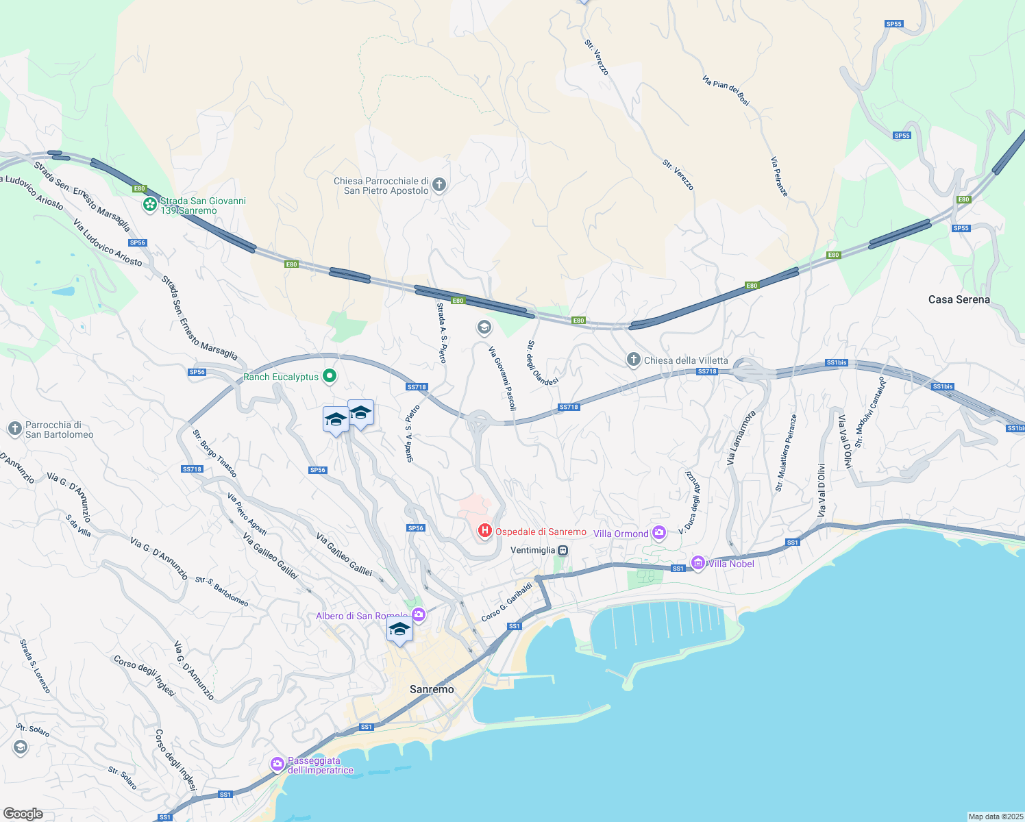 map of restaurants, bars, coffee shops, grocery stores, and more near 158 Via Giovanni Pascoli in Sanremo