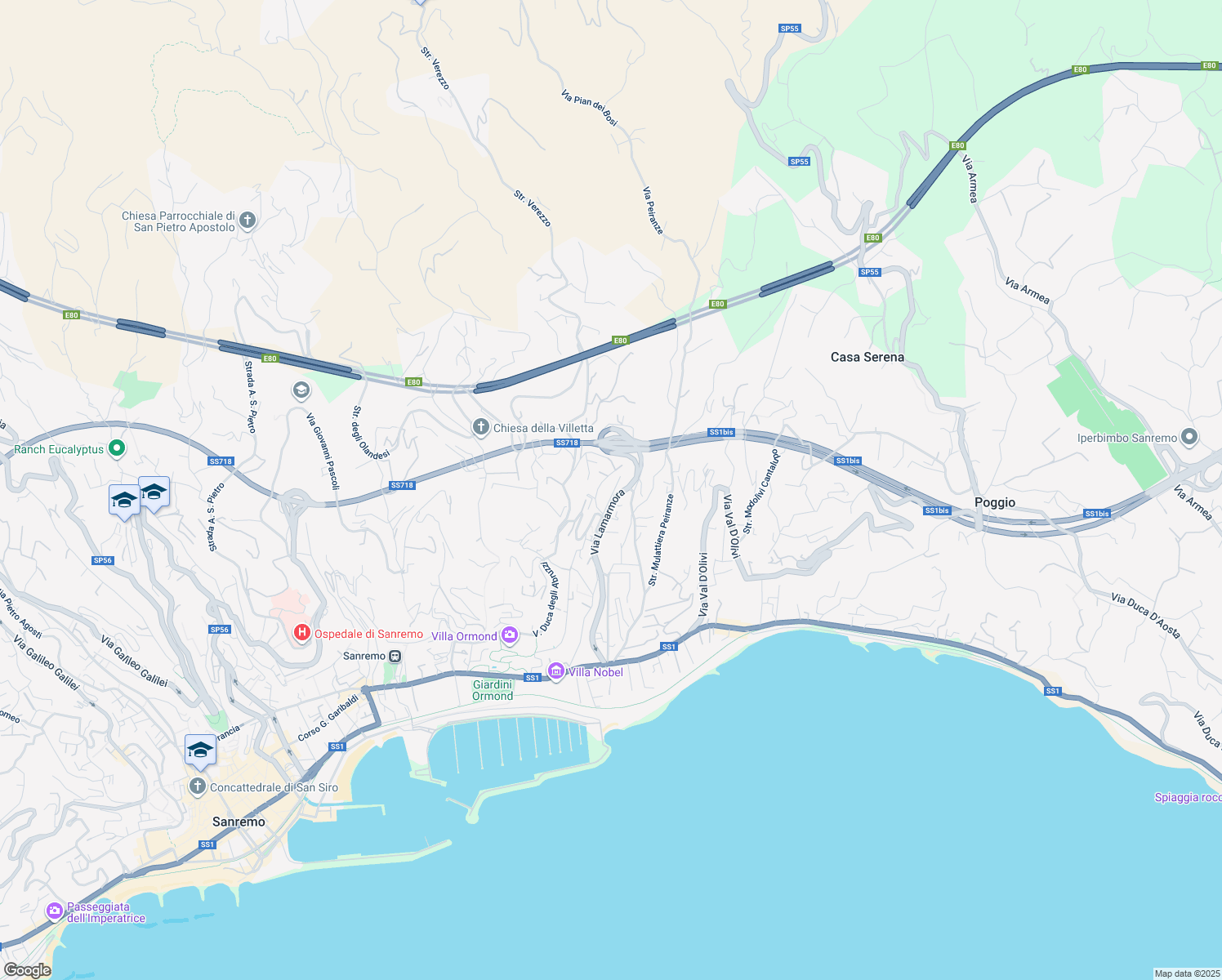map of restaurants, bars, coffee shops, grocery stores, and more near 299 Via Lamarmora in Sanremo