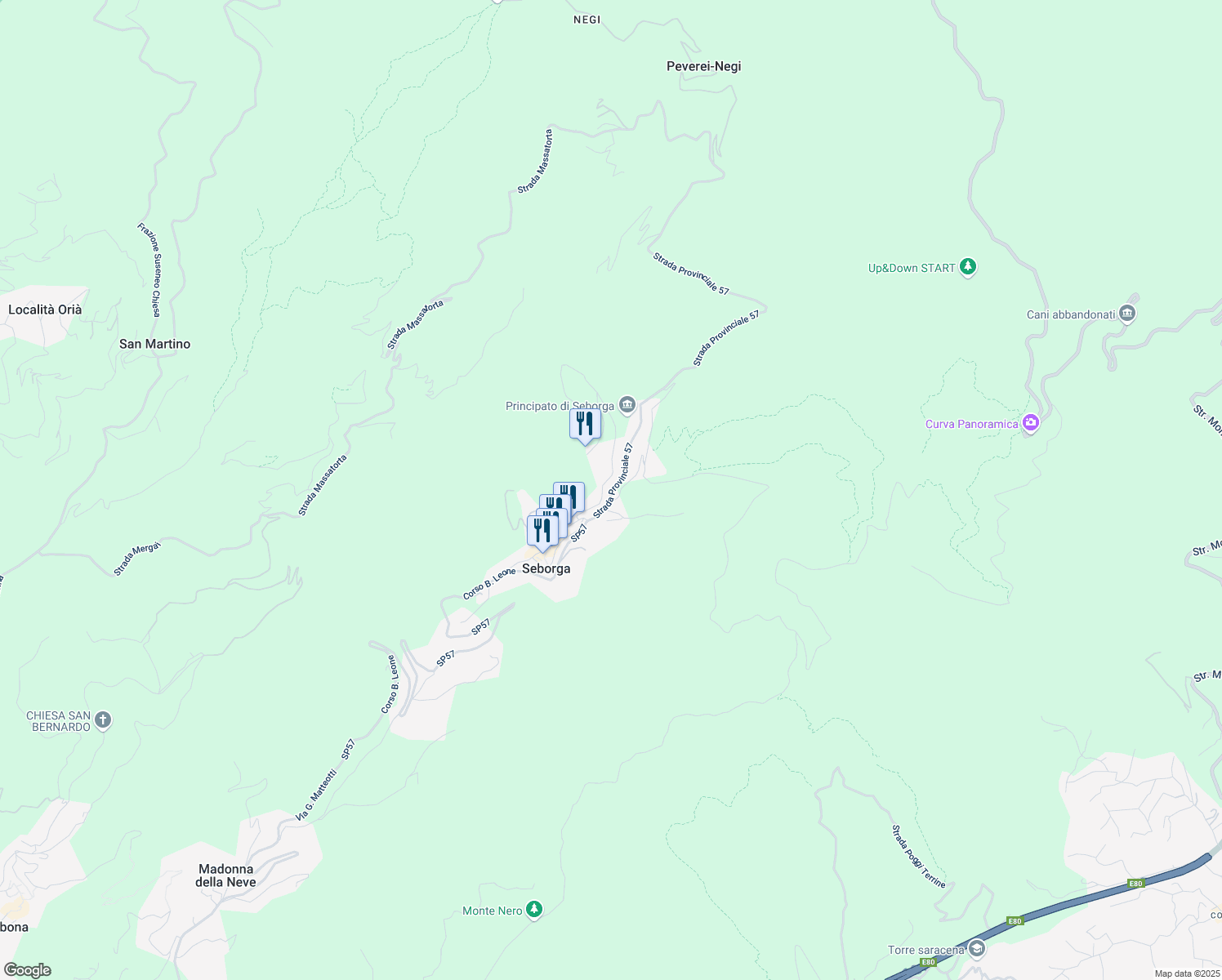 map of restaurants, bars, coffee shops, grocery stores, and more near 1 SP57 in Seborga