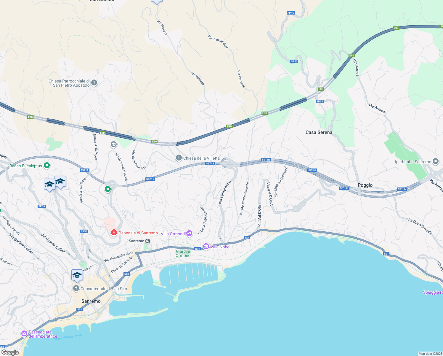 map of restaurants, bars, coffee shops, grocery stores, and more near 299 Via Lamarmora in Sanremo