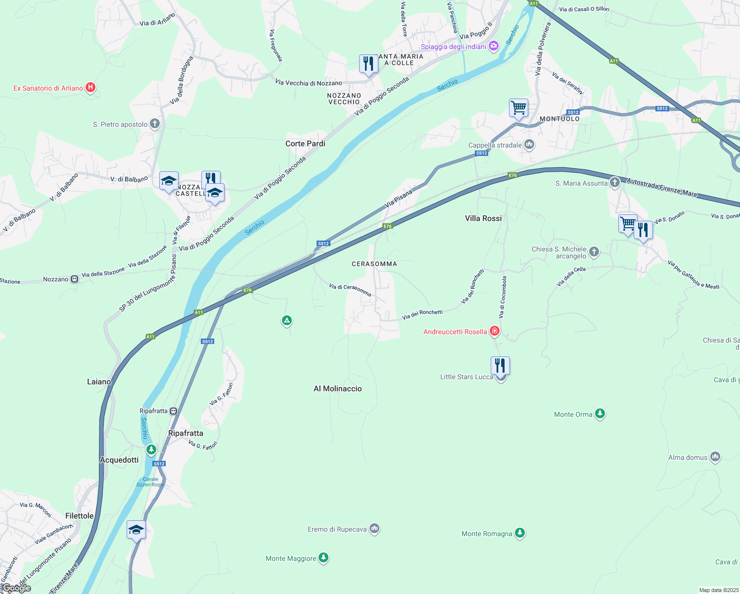 map of restaurants, bars, coffee shops, grocery stores, and more near 721 Via di Cerasomma in Lucca