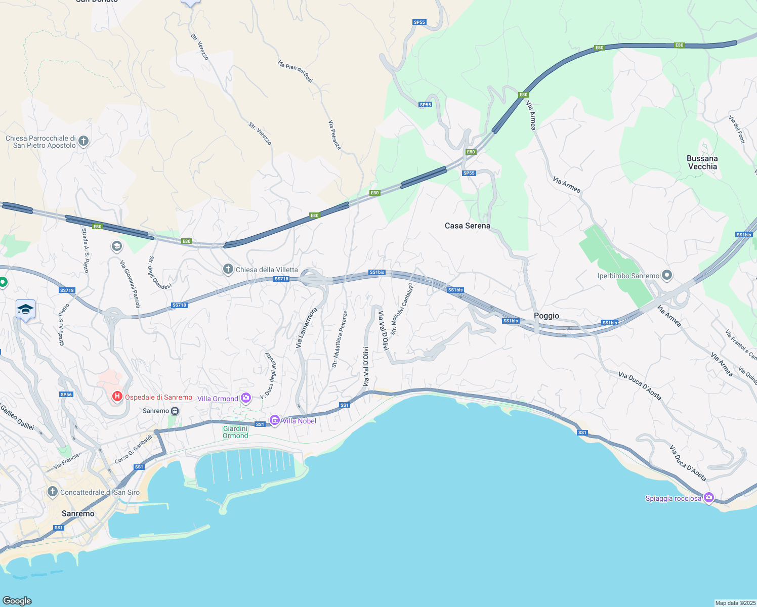 map of restaurants, bars, coffee shops, grocery stores, and more near 219 Via Val D'Olivi in Sanremo