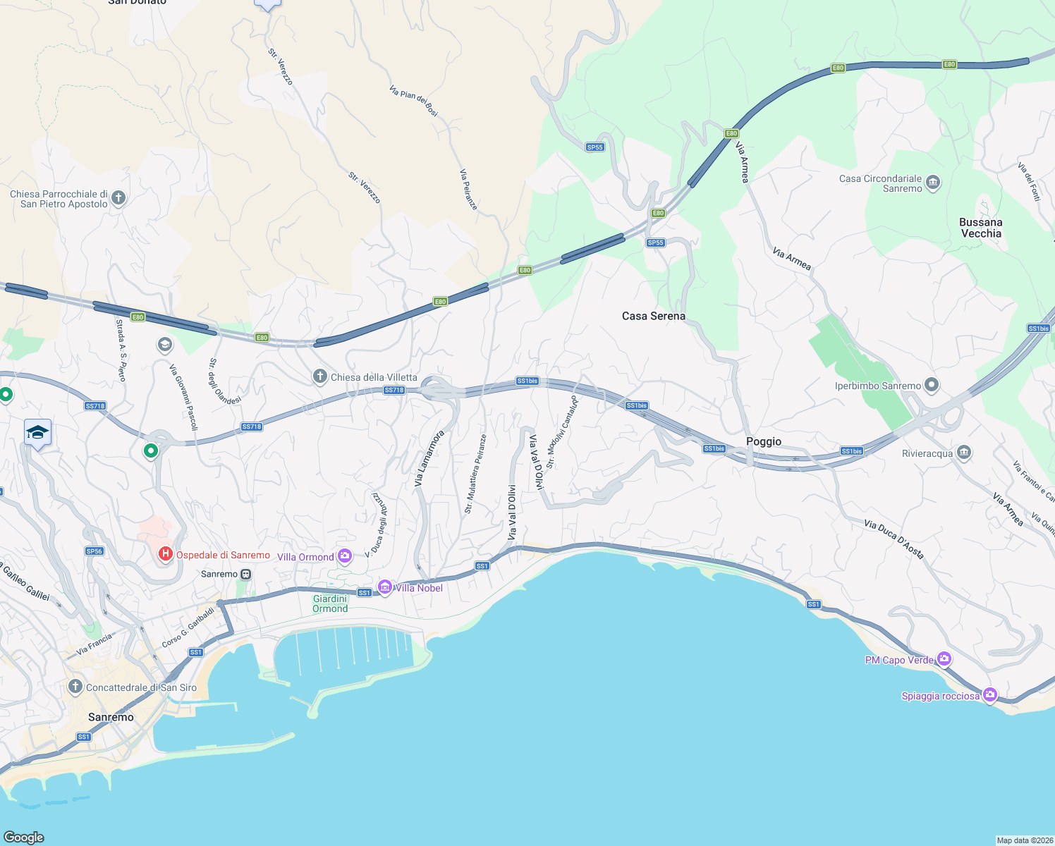 map of restaurants, bars, coffee shops, grocery stores, and more near 219 Via Val D'Olivi in Sanremo