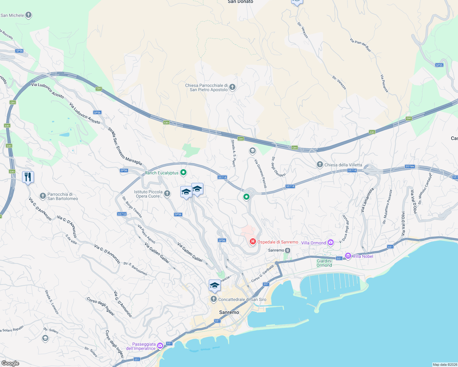 map of restaurants, bars, coffee shops, grocery stores, and more near 84 Strada A. San Pietro in Sanremo