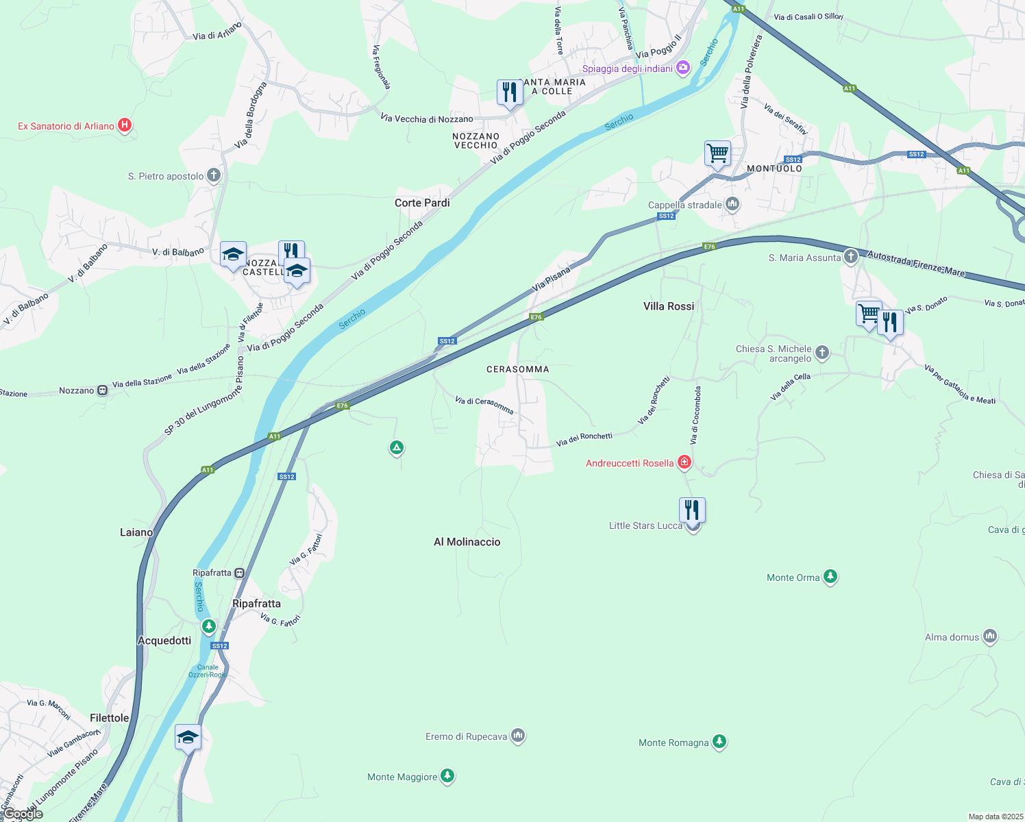 map of restaurants, bars, coffee shops, grocery stores, and more near 617-721 Via di Cerasomma in Lucca
