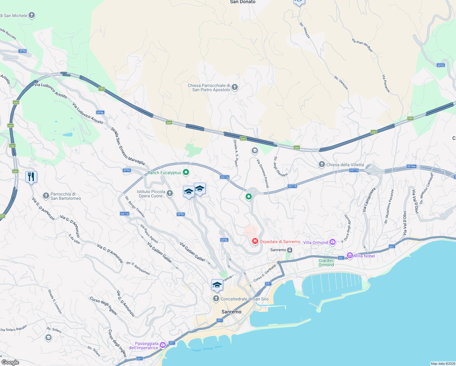 map of restaurants, bars, coffee shops, grocery stores, and more near 84 Strada A. San Pietro in Sanremo