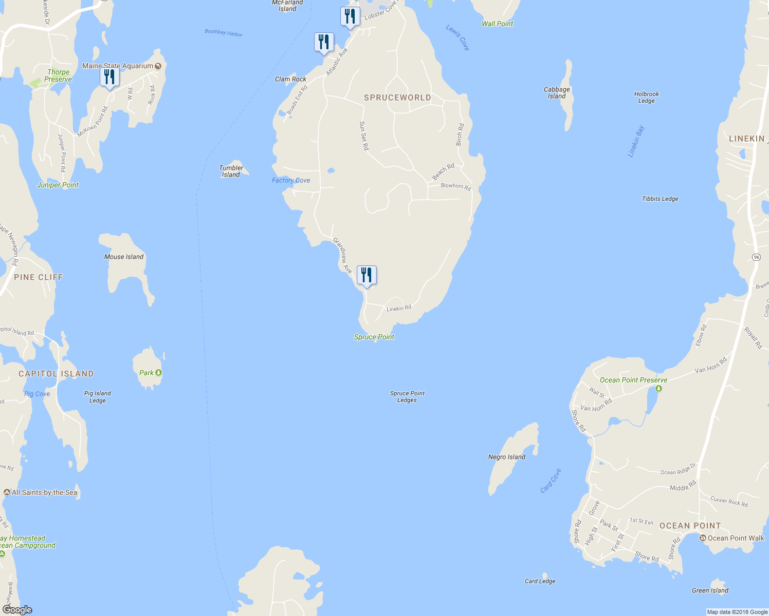 map of restaurants, bars, coffee shops, grocery stores, and more near 20 Linekin Road in Boothbay Harbor