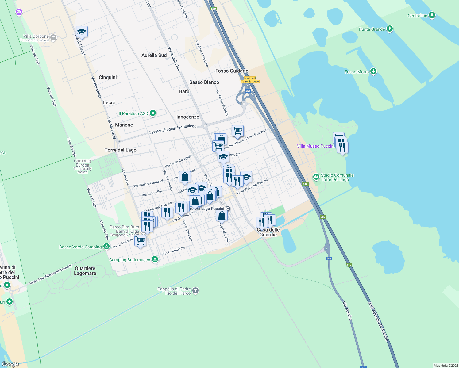 map of restaurants, bars, coffee shops, grocery stores, and more near 5 Via Alessandro Volta in Torre del Lago