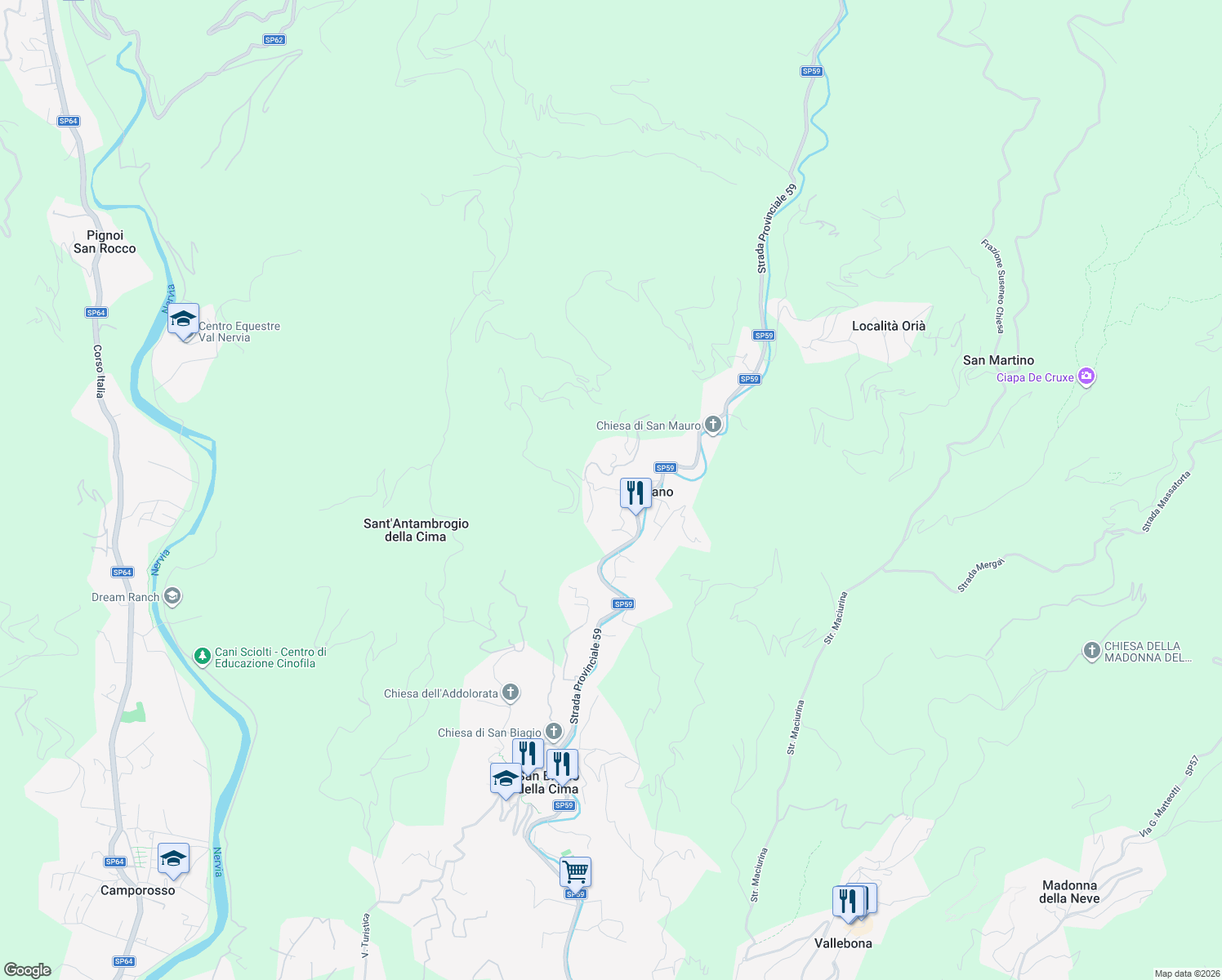 map of restaurants, bars, coffee shops, grocery stores, and more near 25 Via Soprana in Soldano