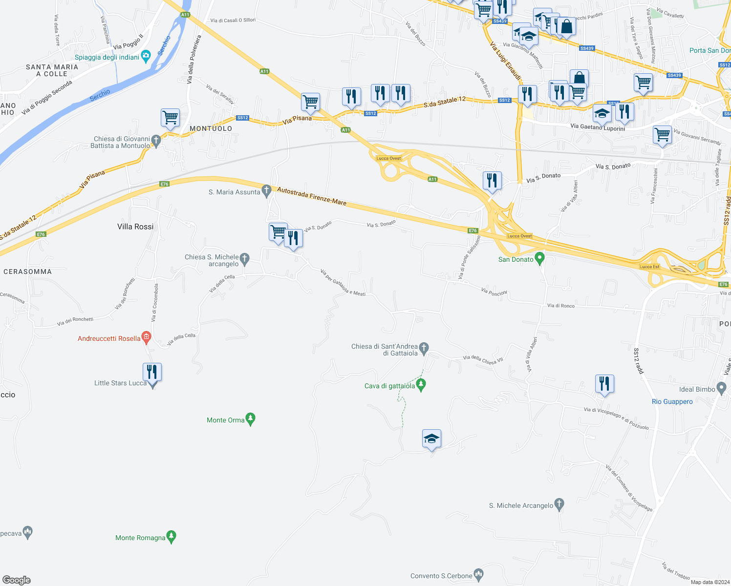 map of restaurants, bars, coffee shops, grocery stores, and more near 598 Via per Gattaiola e Meati in Lucca