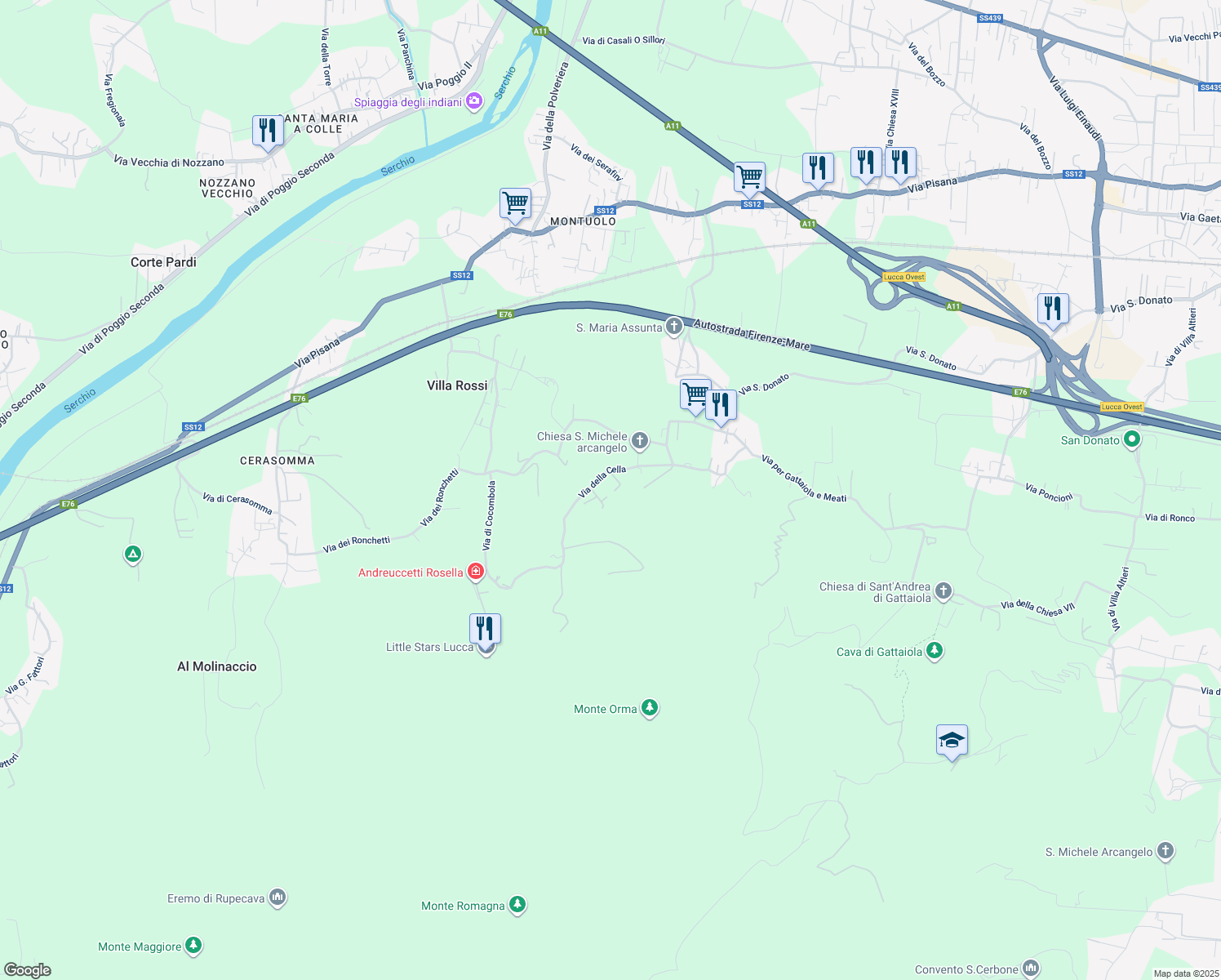 map of restaurants, bars, coffee shops, grocery stores, and more near 285 Via della Cella in Lucca