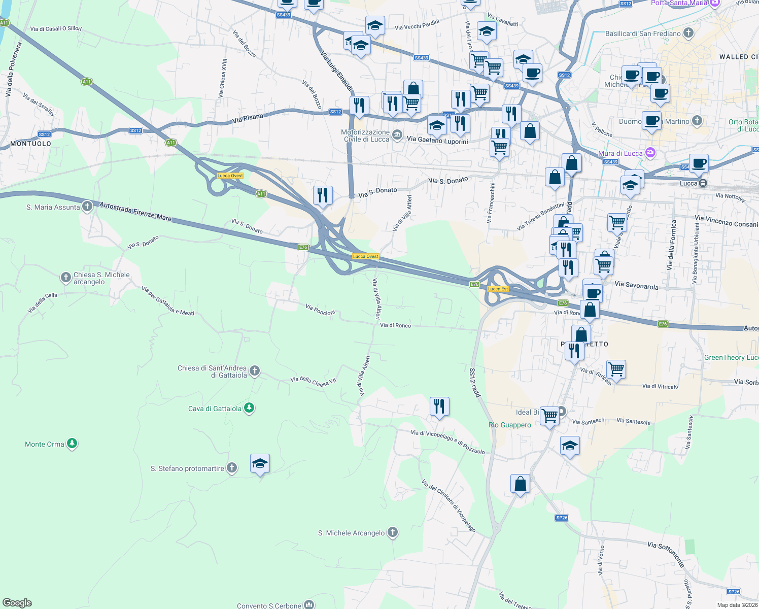 map of restaurants, bars, coffee shops, grocery stores, and more near 37 Via Casette in Lucca