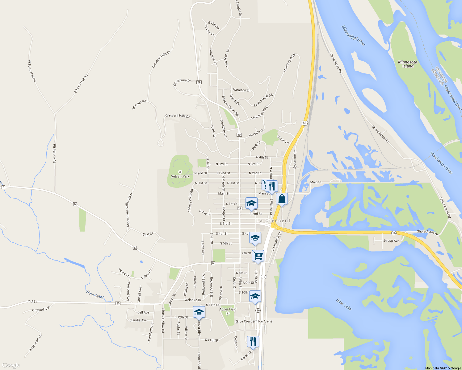 map of restaurants, bars, coffee shops, grocery stores, and more near 523 North 1st Street in La Crescent