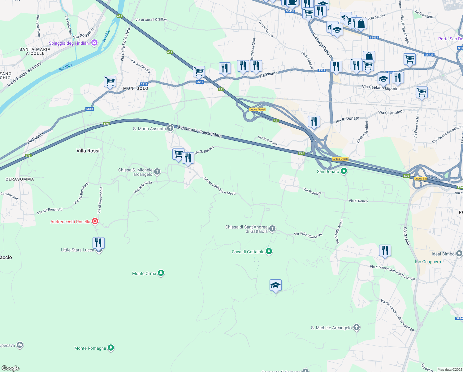 map of restaurants, bars, coffee shops, grocery stores, and more near 598/A Via per Gattaiola e Meati in Lucca