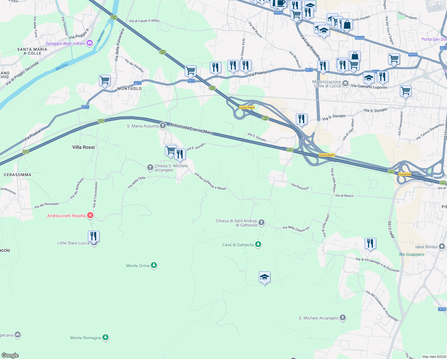 map of restaurants, bars, coffee shops, grocery stores, and more near 598/A Via per Gattaiola e Meati in Lucca