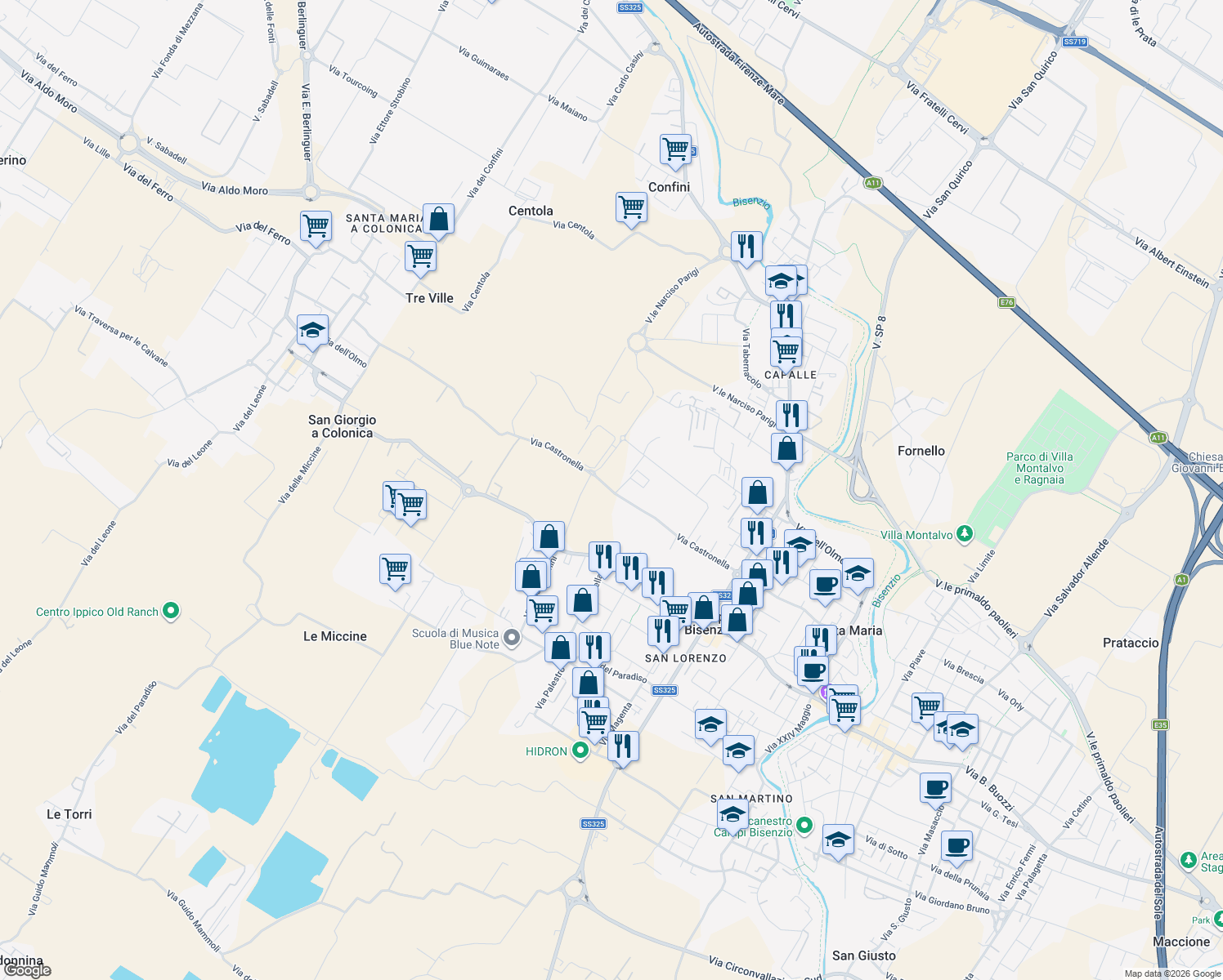 map of restaurants, bars, coffee shops, grocery stores, and more near 241 Via Castronella in Città Metropolitana di Firenze