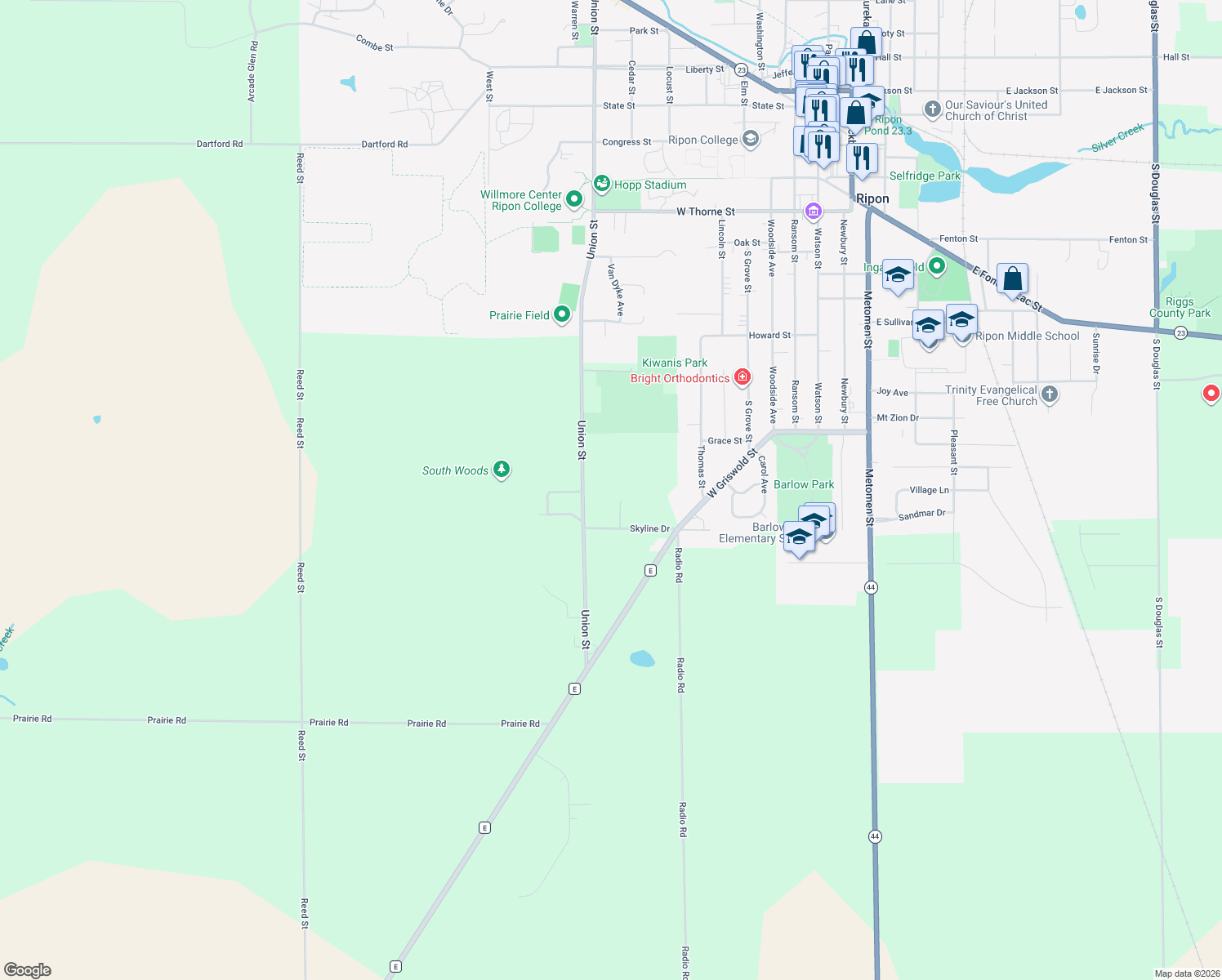 map of restaurants, bars, coffee shops, grocery stores, and more near N7930 Doty Dr in Ripon