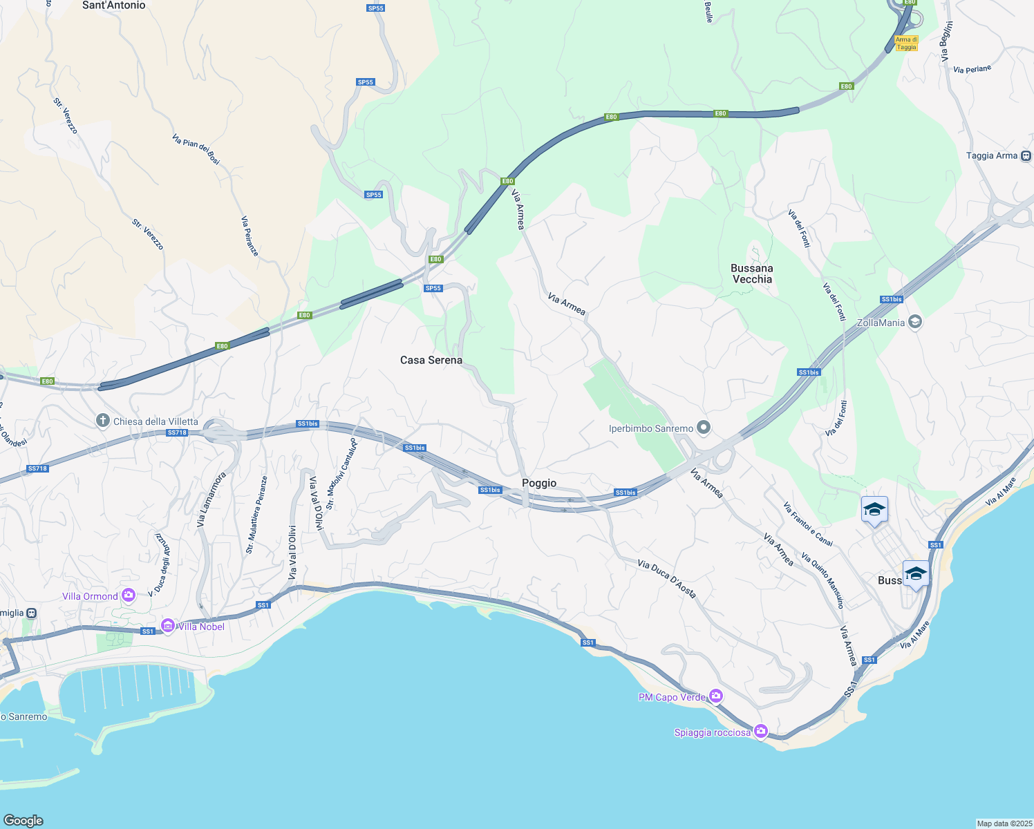 map of restaurants, bars, coffee shops, grocery stores, and more near 58 Via Ranceri in Sanremo