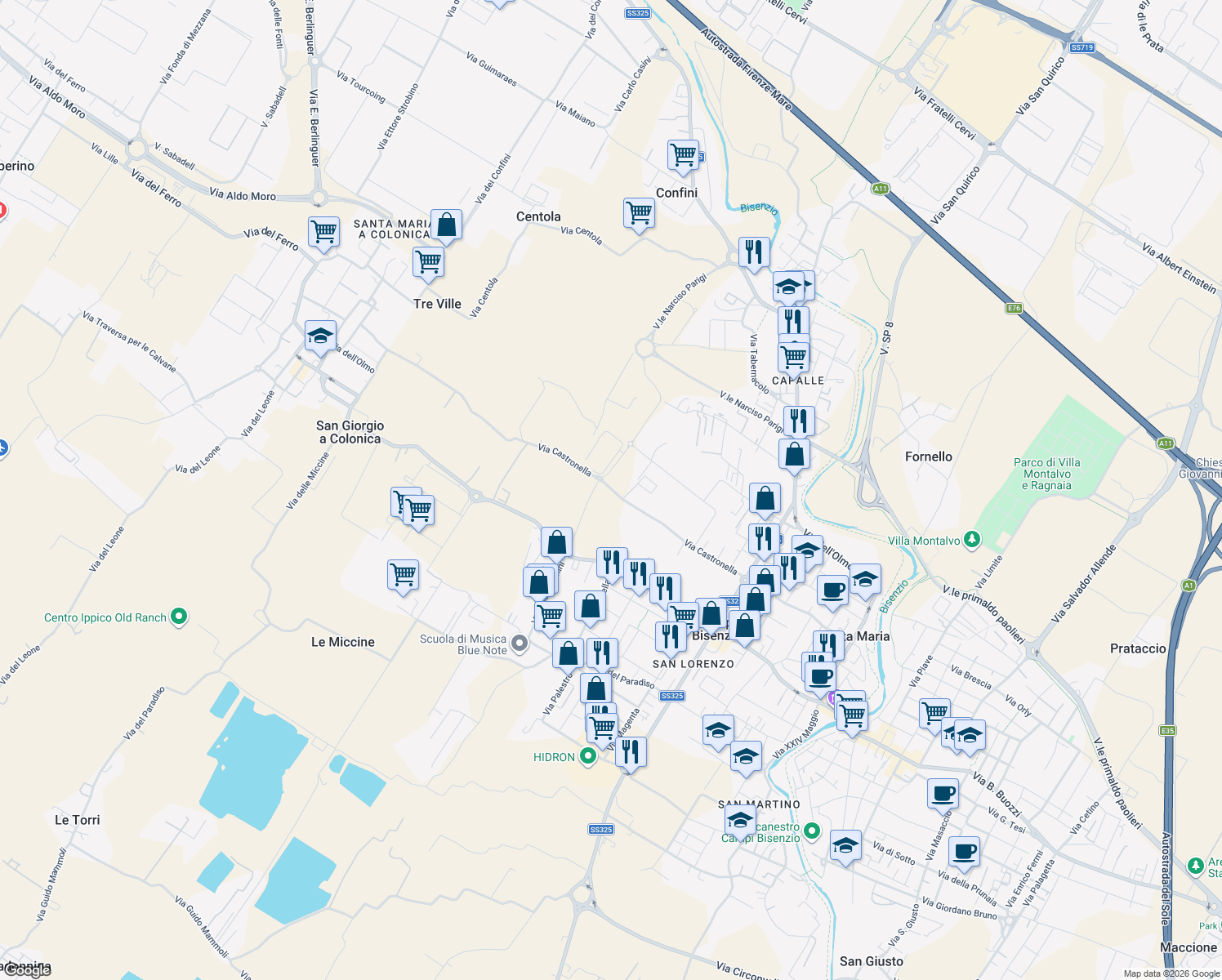 map of restaurants, bars, coffee shops, grocery stores, and more near 241 Via Castronella in Città Metropolitana di Firenze