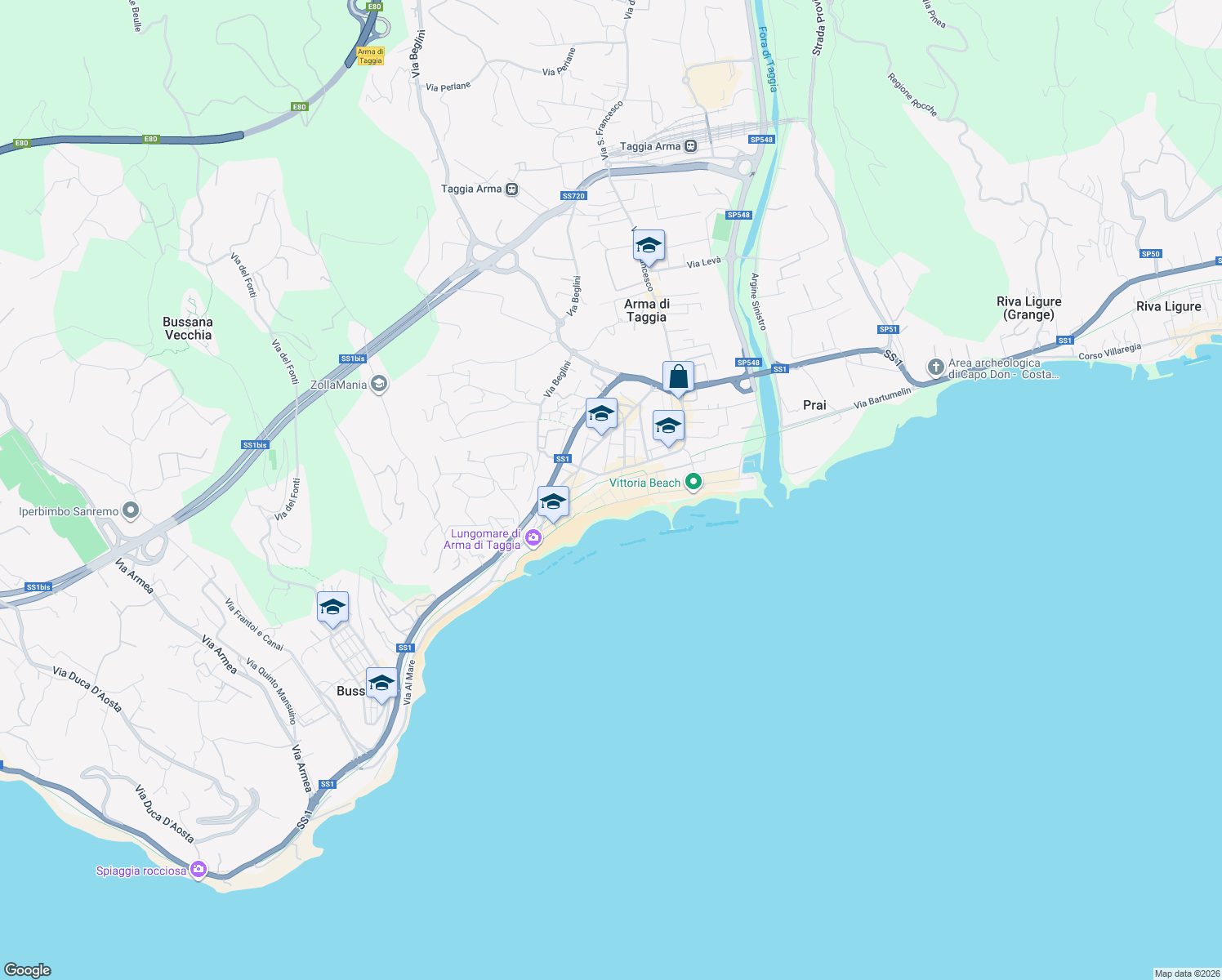 map of restaurants, bars, coffee shops, grocery stores, and more near Traversa Queirolo in Taggia