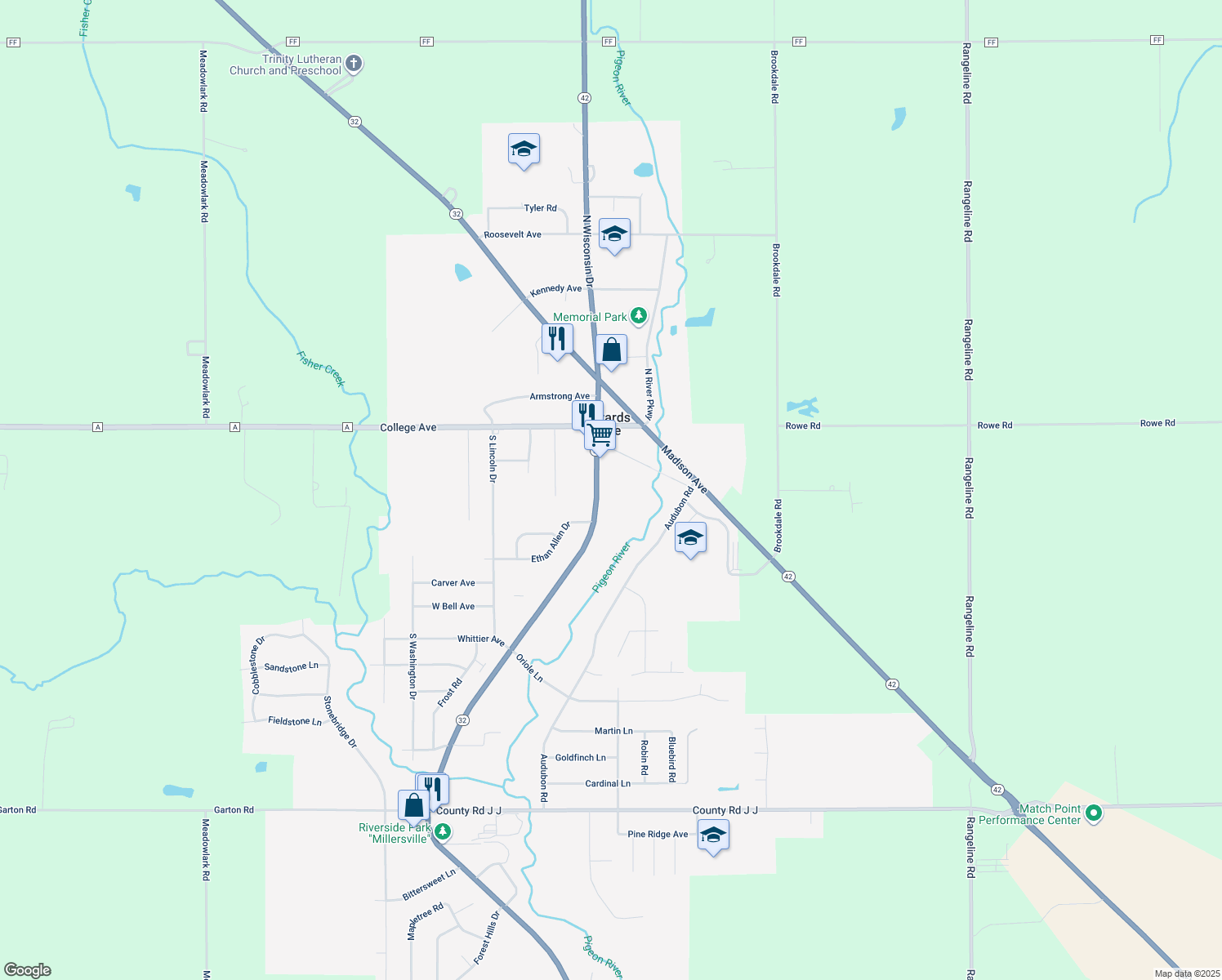 map of restaurants, bars, coffee shops, grocery stores, and more near 303 S Wisconsin Dr in Howards Grove
