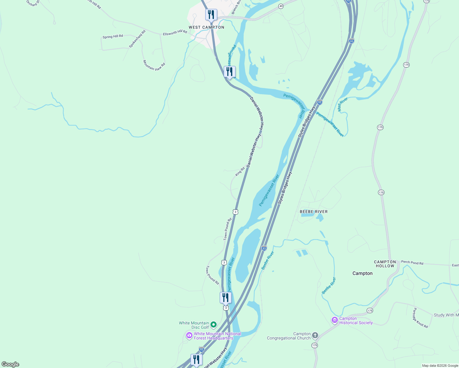 map of restaurants, bars, coffee shops, grocery stores, and more near 25 King Road in Campton