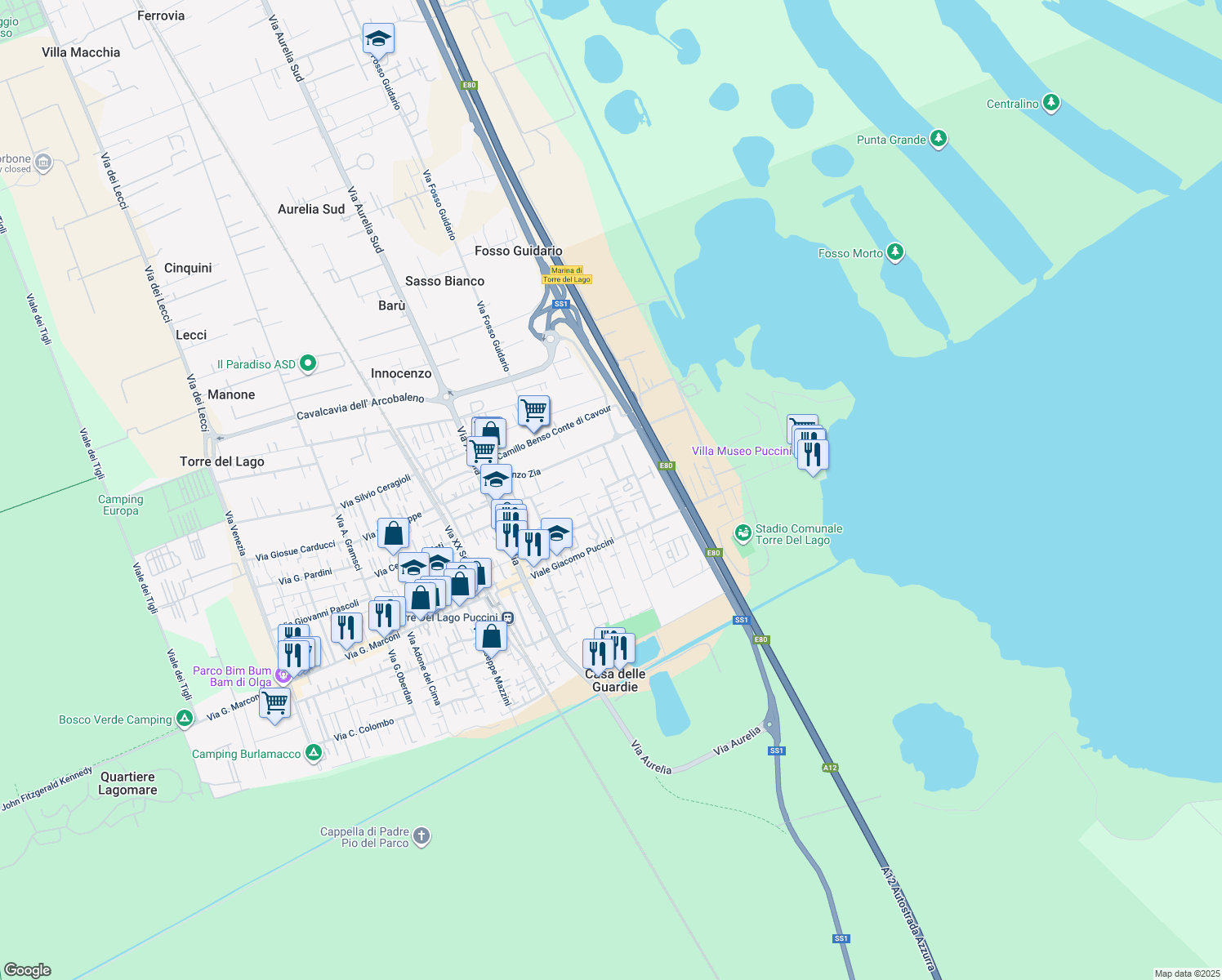 map of restaurants, bars, coffee shops, grocery stores, and more near 182 Via G. Schicchi in Viareggio