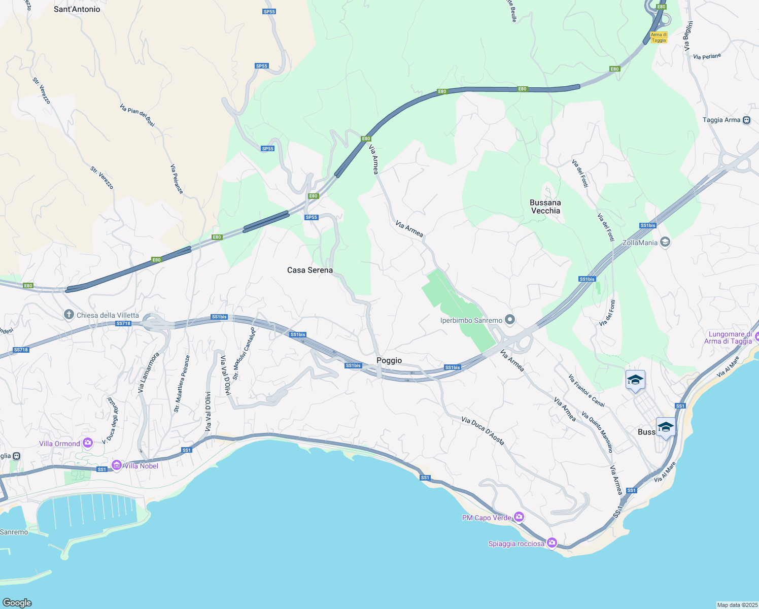 map of restaurants, bars, coffee shops, grocery stores, and more near 58 Via Ranceri in Sanremo