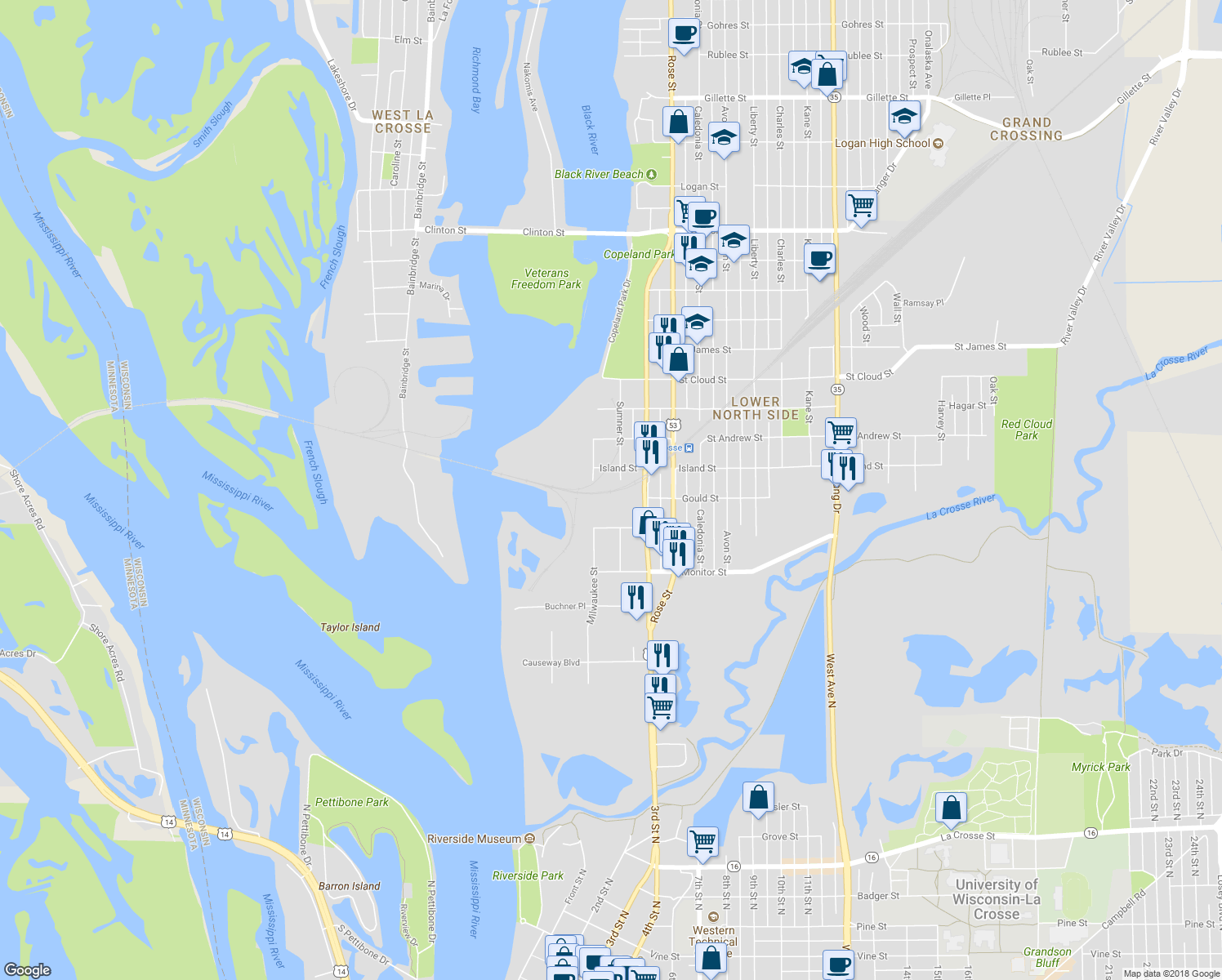 map of restaurants, bars, coffee shops, grocery stores, and more near 401 Sumner St in La Crosse