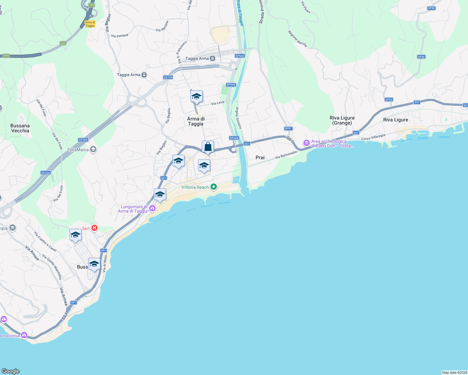 map of restaurants, bars, coffee shops, grocery stores, and more near 75 Via Marina in Taggia