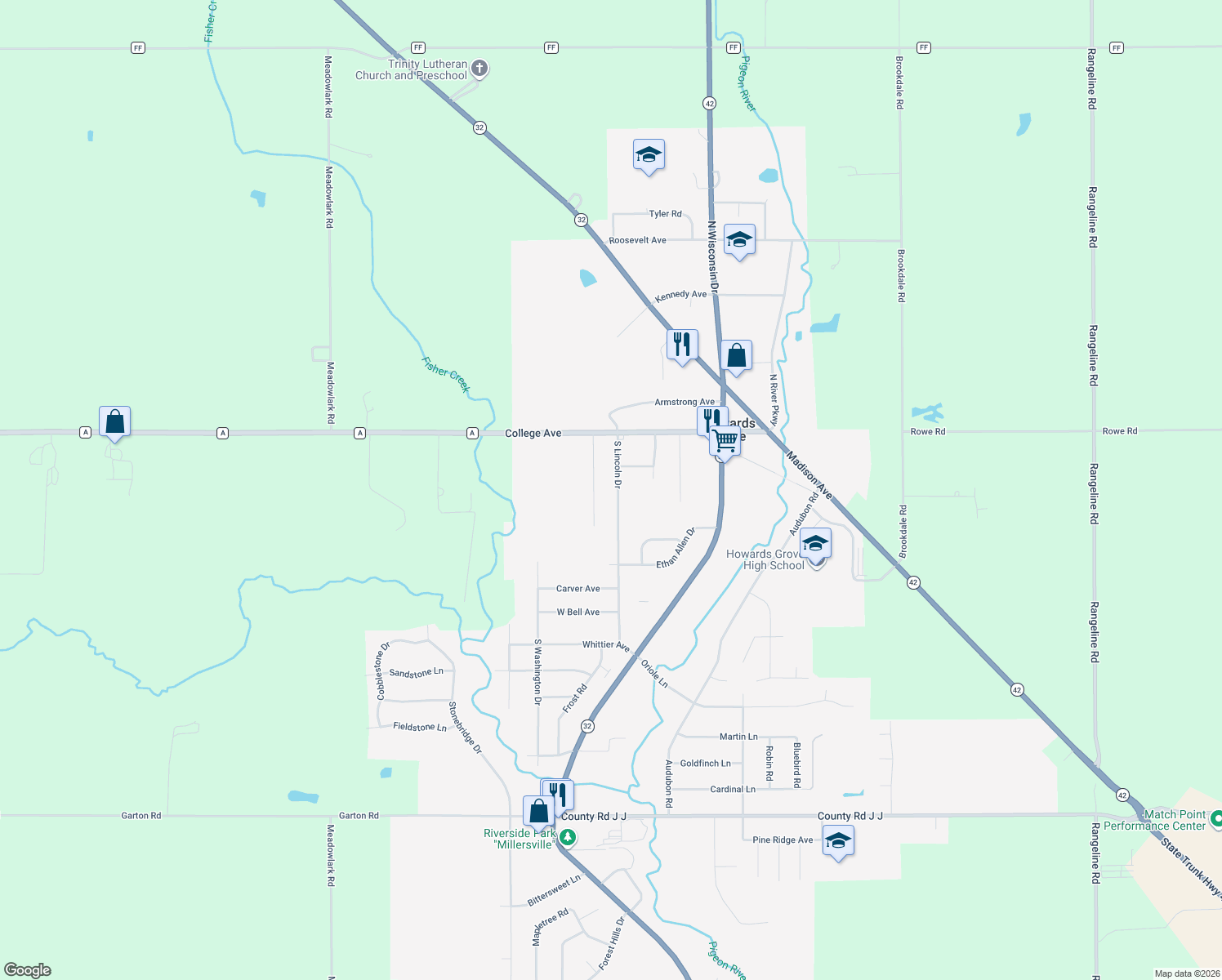 map of restaurants, bars, coffee shops, grocery stores, and more near 224 South Lincoln Drive in Howards Grove