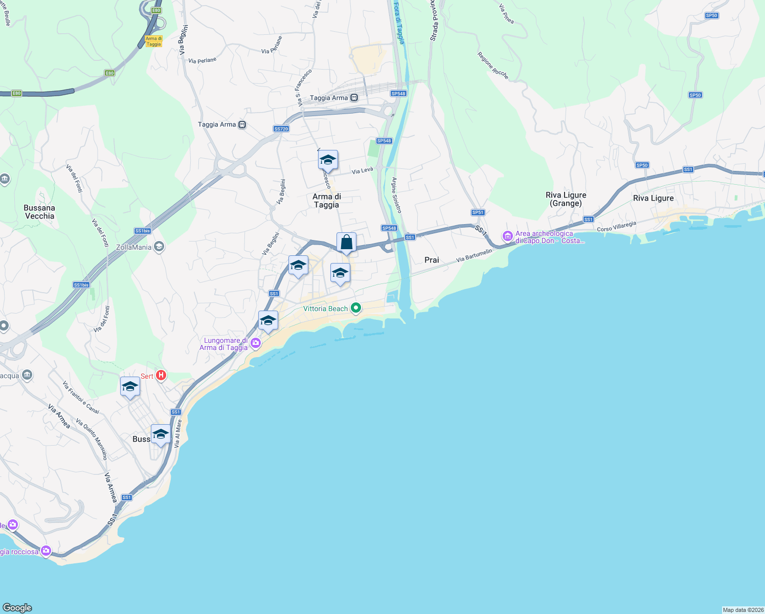 map of restaurants, bars, coffee shops, grocery stores, and more near 75 Via Marina in Taggia
