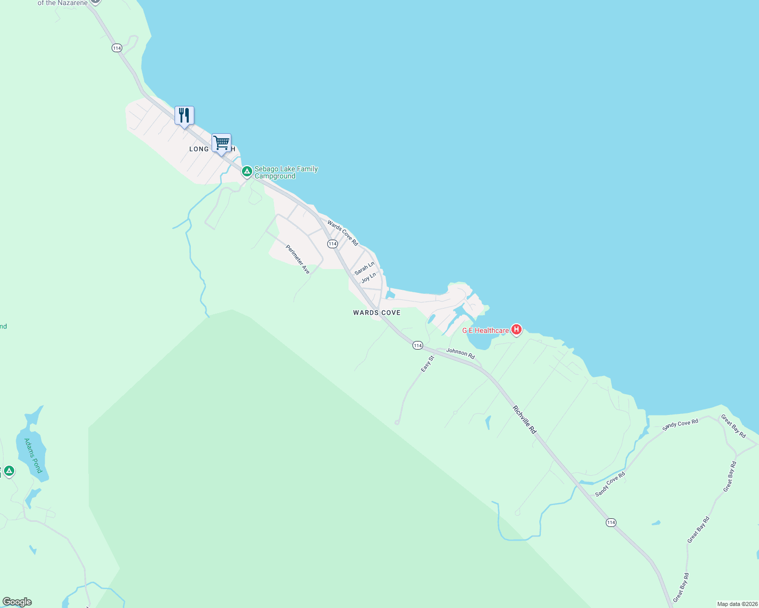 map of restaurants, bars, coffee shops, grocery stores, and more near 39 Wards Cove Road in Standish