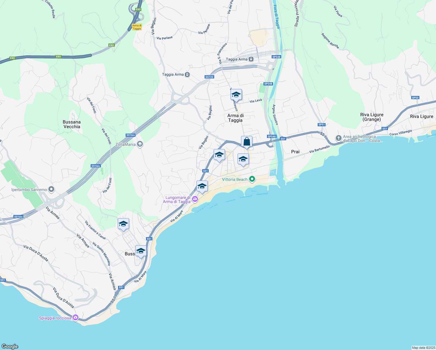map of restaurants, bars, coffee shops, grocery stores, and more near Traversa Queirolo in Taggia