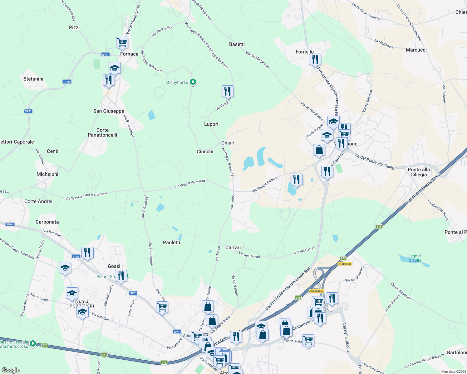map of restaurants, bars, coffee shops, grocery stores, and more near 47 Via Poggio Baldino l' in Provincia di Lucca