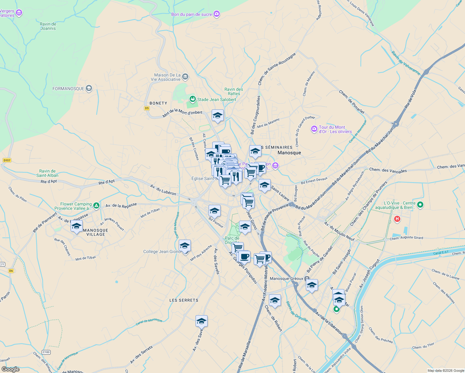 map of restaurants, bars, coffee shops, grocery stores, and more near Passage Saint-Sauveur in Manosque
