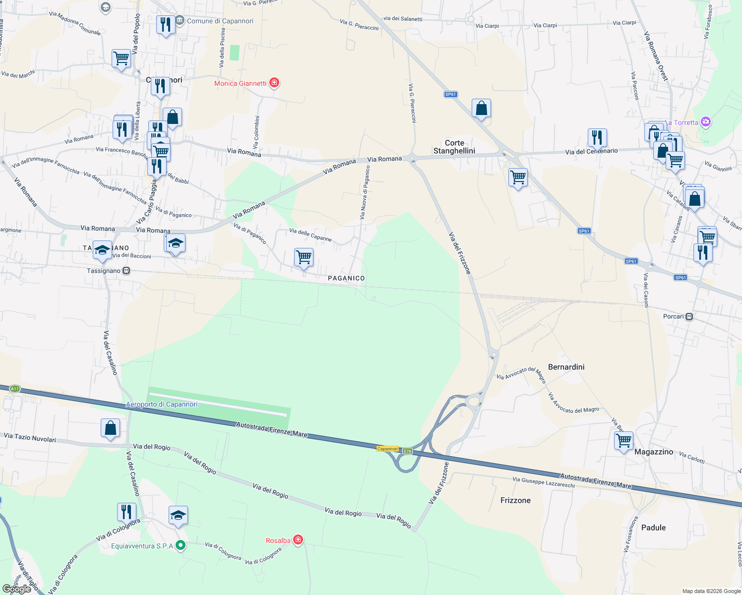 map of restaurants, bars, coffee shops, grocery stores, and more near 7 Via dell'Arpino in Capannori