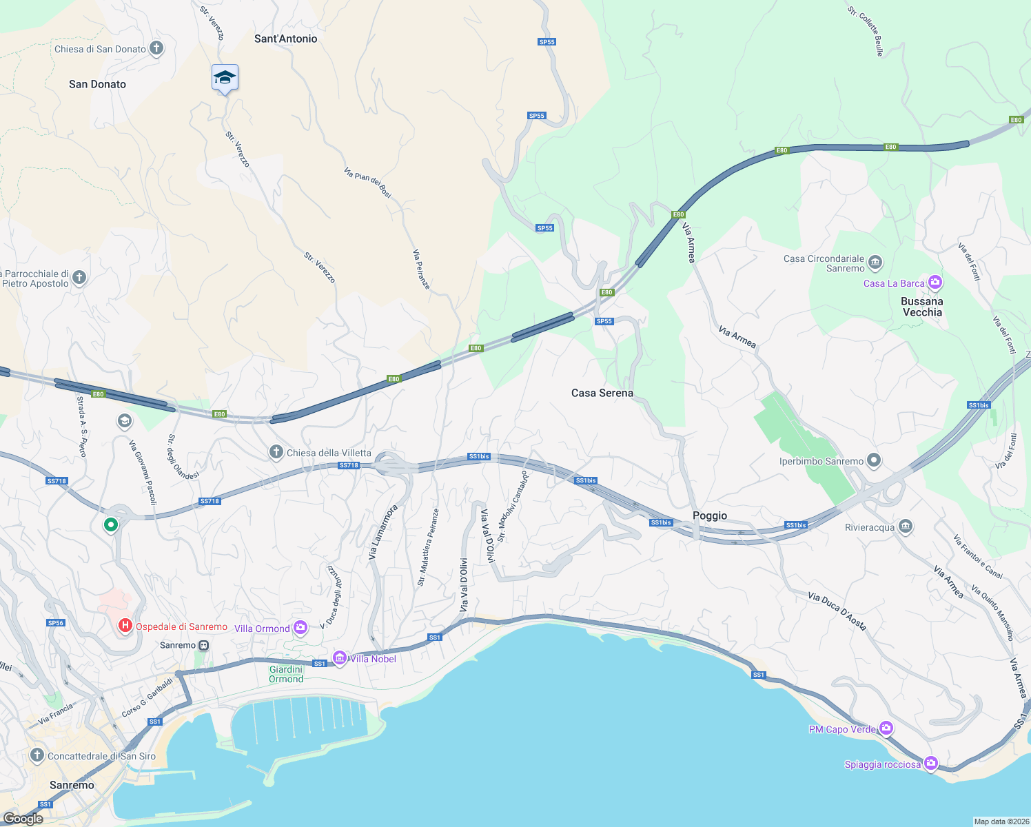 map of restaurants, bars, coffee shops, grocery stores, and more near 185 Via Val D'Olivi in Provincia di Imperia