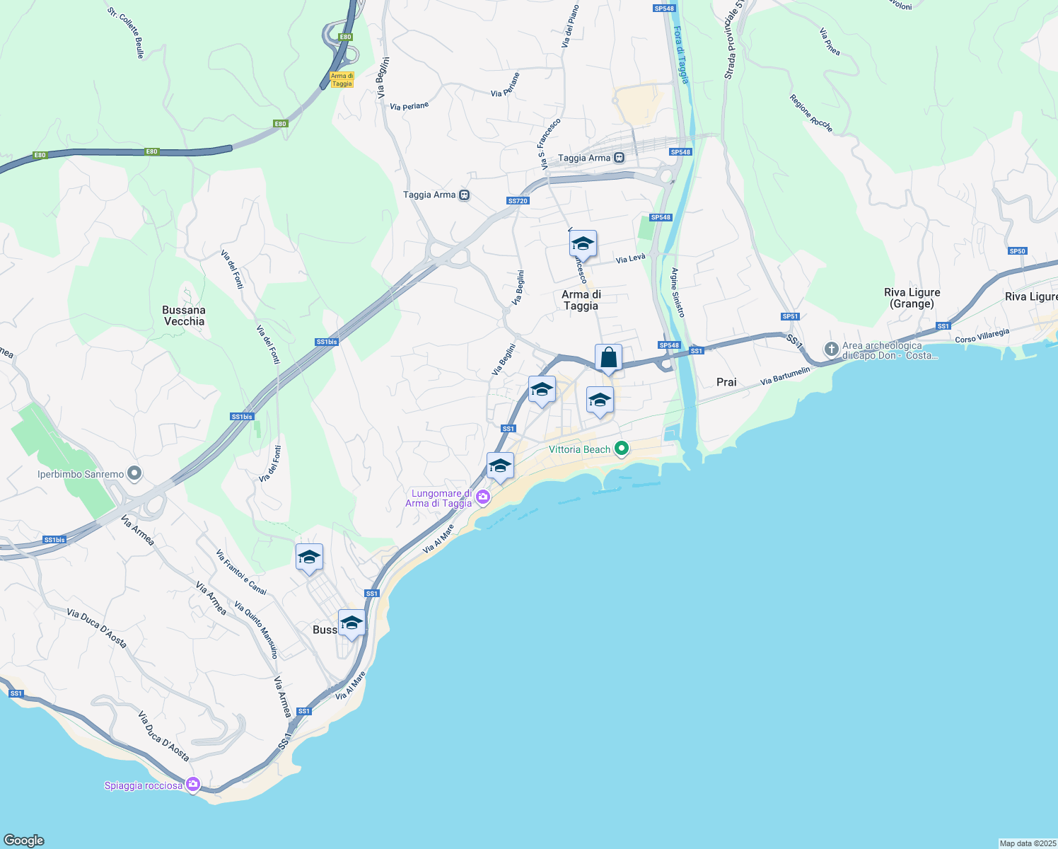 map of restaurants, bars, coffee shops, grocery stores, and more near 17 Via dell'Asilo in Taggia