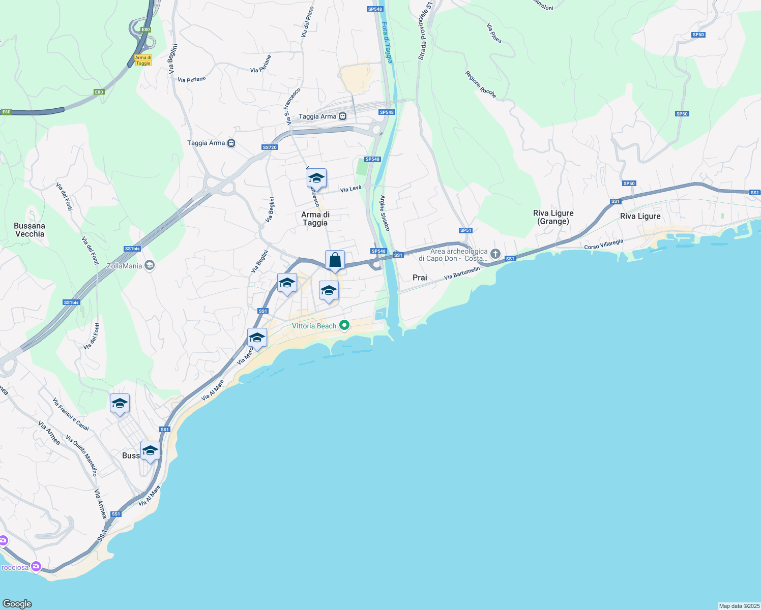 map of restaurants, bars, coffee shops, grocery stores, and more near 5 Argine Destro in Taggia