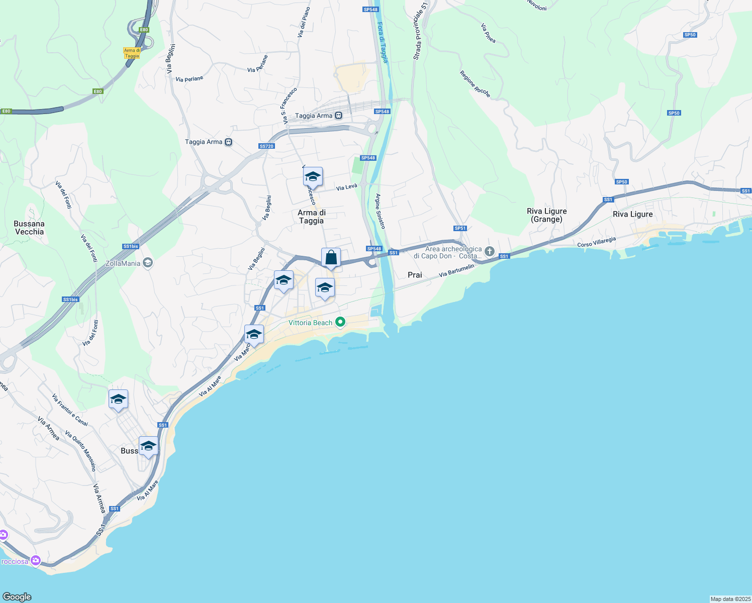 map of restaurants, bars, coffee shops, grocery stores, and more near 5 Argine Destro in Taggia