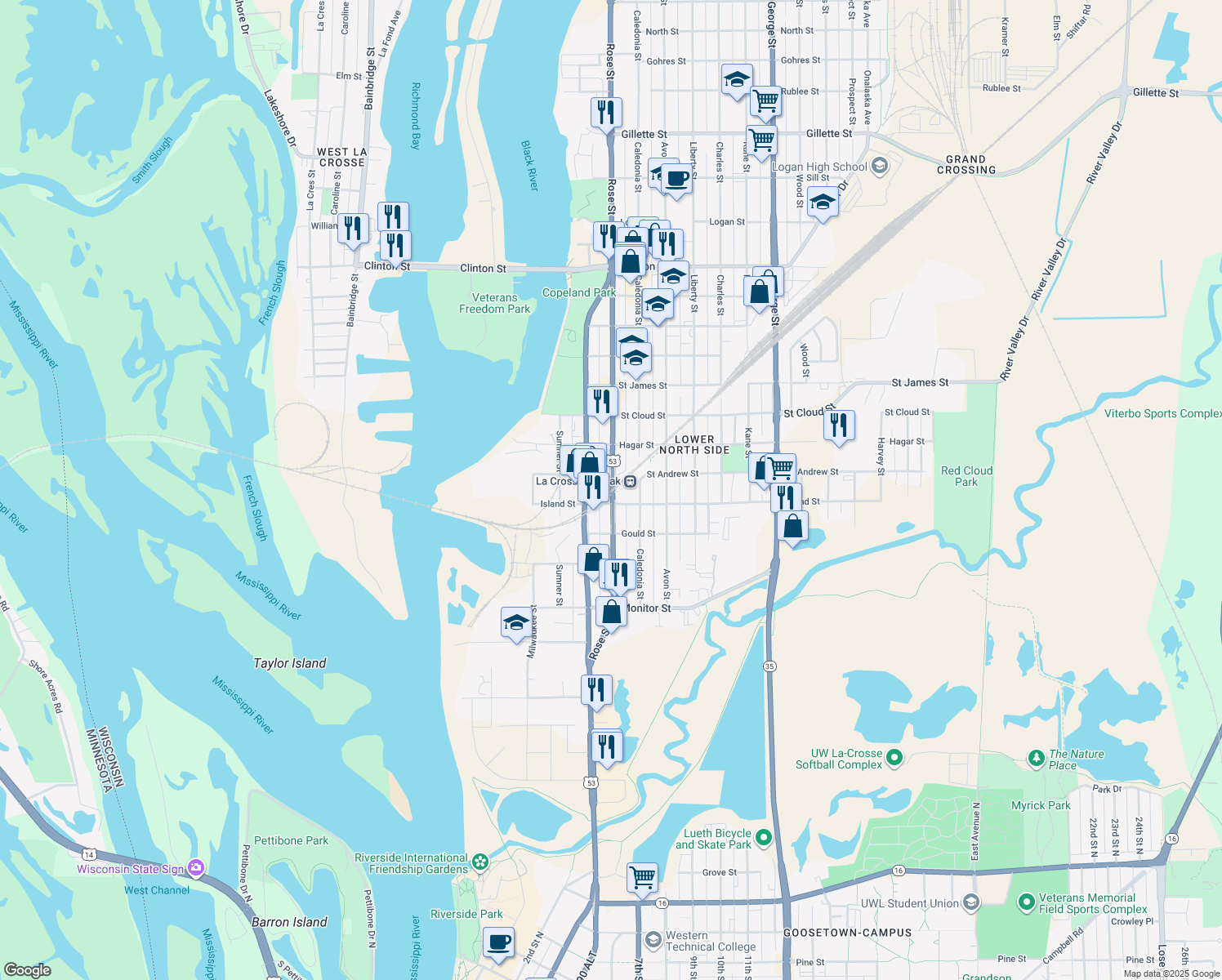 map of restaurants, bars, coffee shops, grocery stores, and more near 525 Rose Street in La Crosse