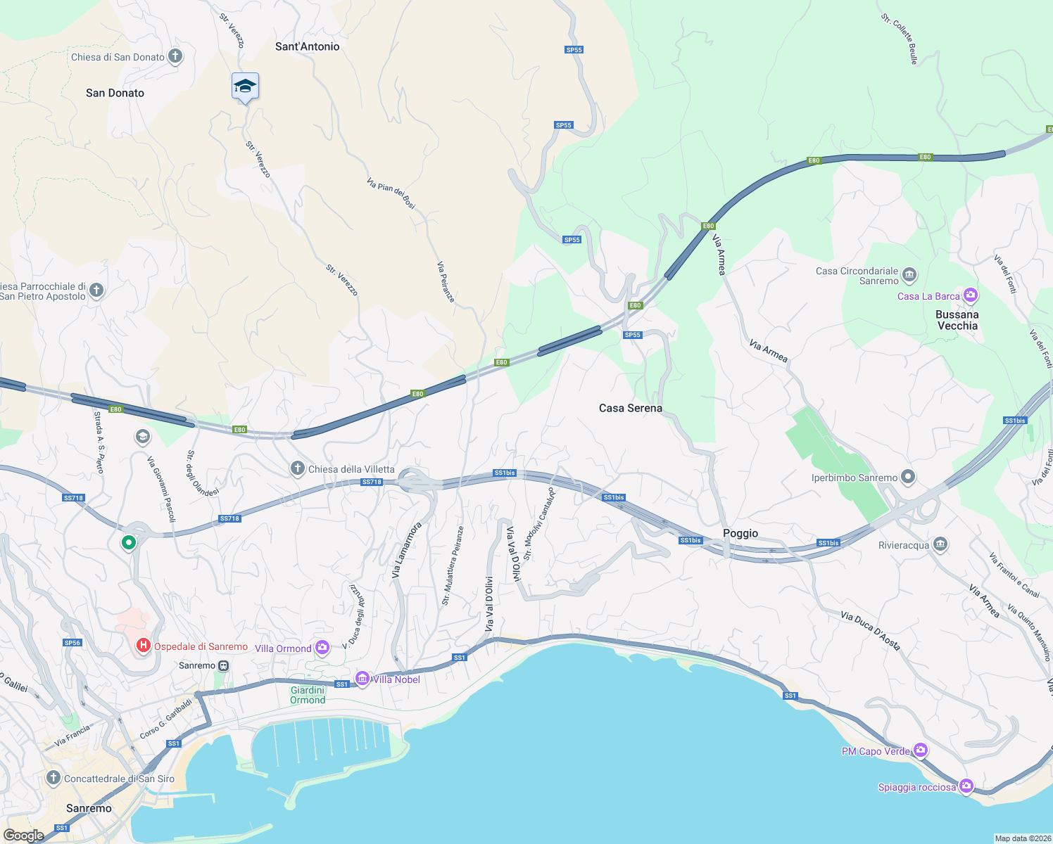 map of restaurants, bars, coffee shops, grocery stores, and more near 185 Via Val D'Olivi in Provincia di Imperia