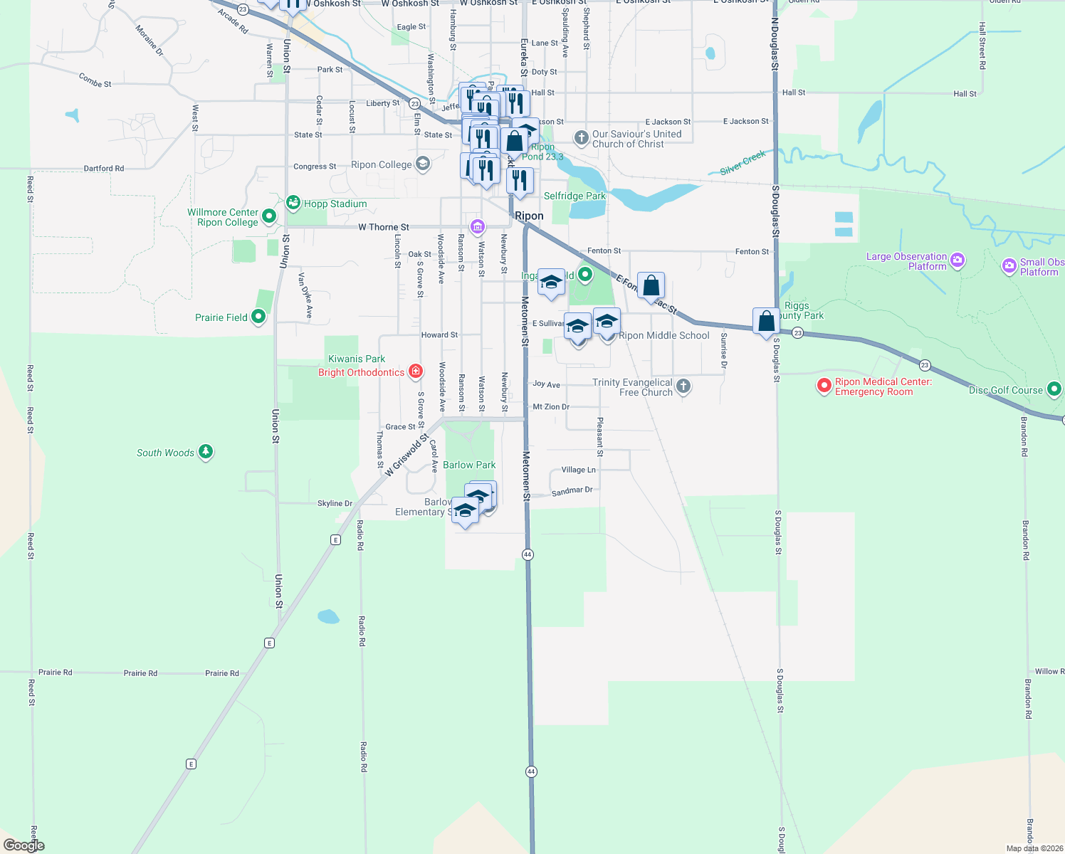 map of restaurants, bars, coffee shops, grocery stores, and more near 971 Metomen Street in Ripon