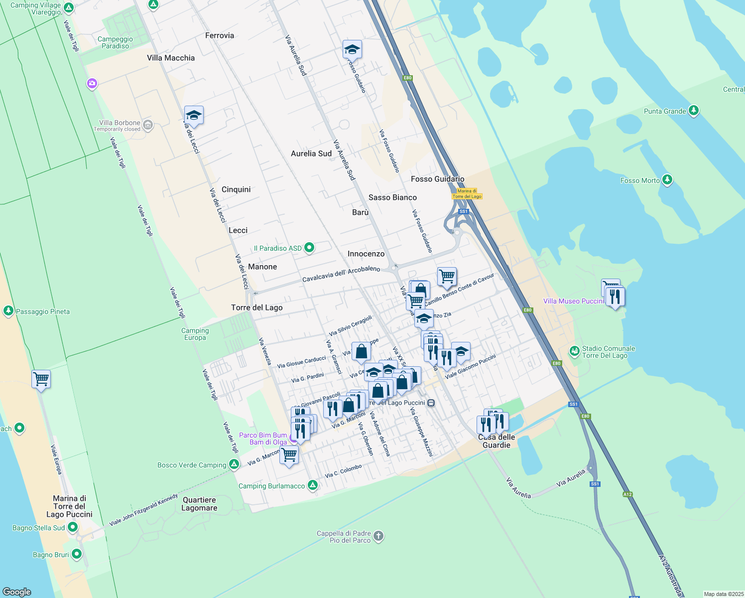 map of restaurants, bars, coffee shops, grocery stores, and more near 68 Via Guido Rossa in Torre del Lago Puccini