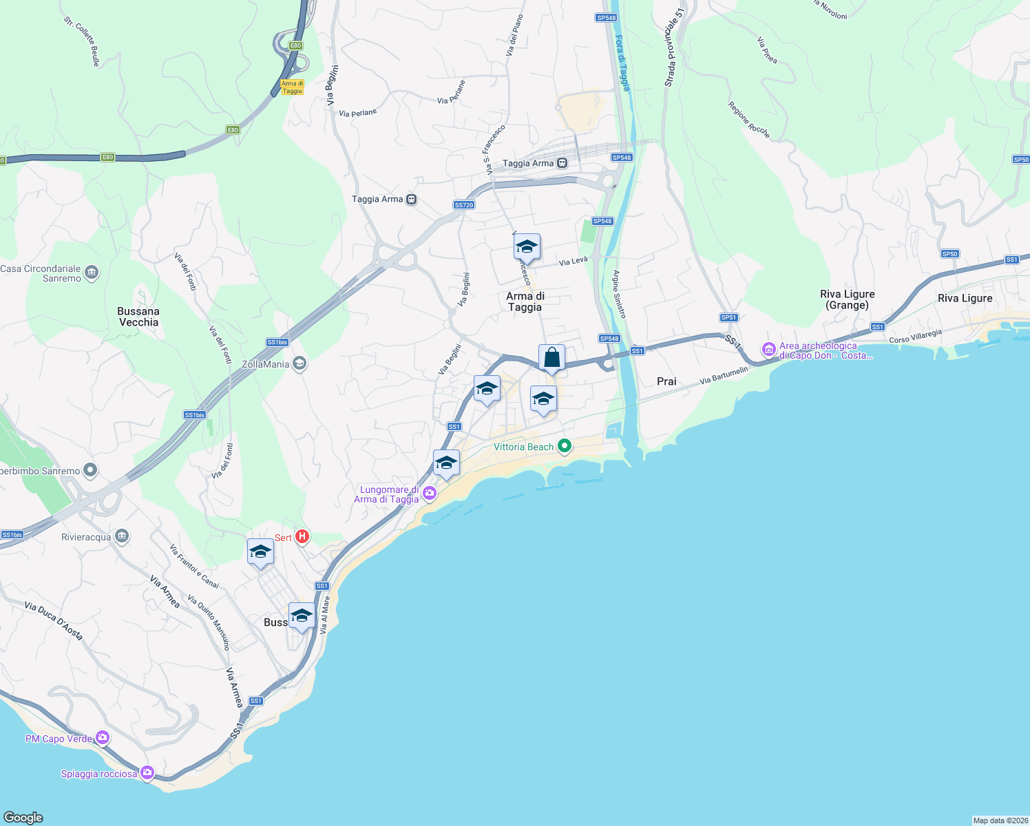 map of restaurants, bars, coffee shops, grocery stores, and more near 17 Via della Cornice in Taggia