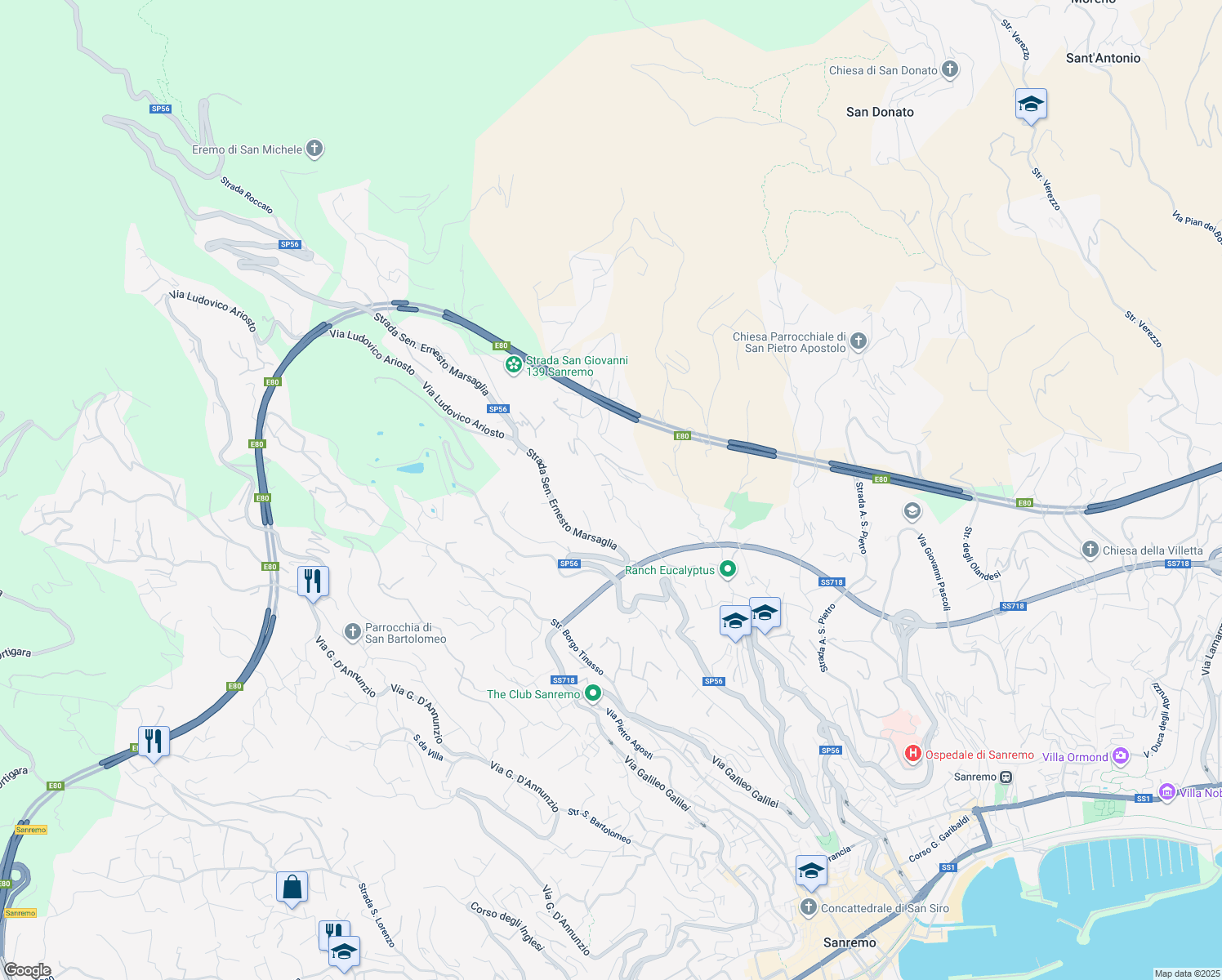 map of restaurants, bars, coffee shops, grocery stores, and more near 122 Strada San Giovanni in Provincia di Imperia