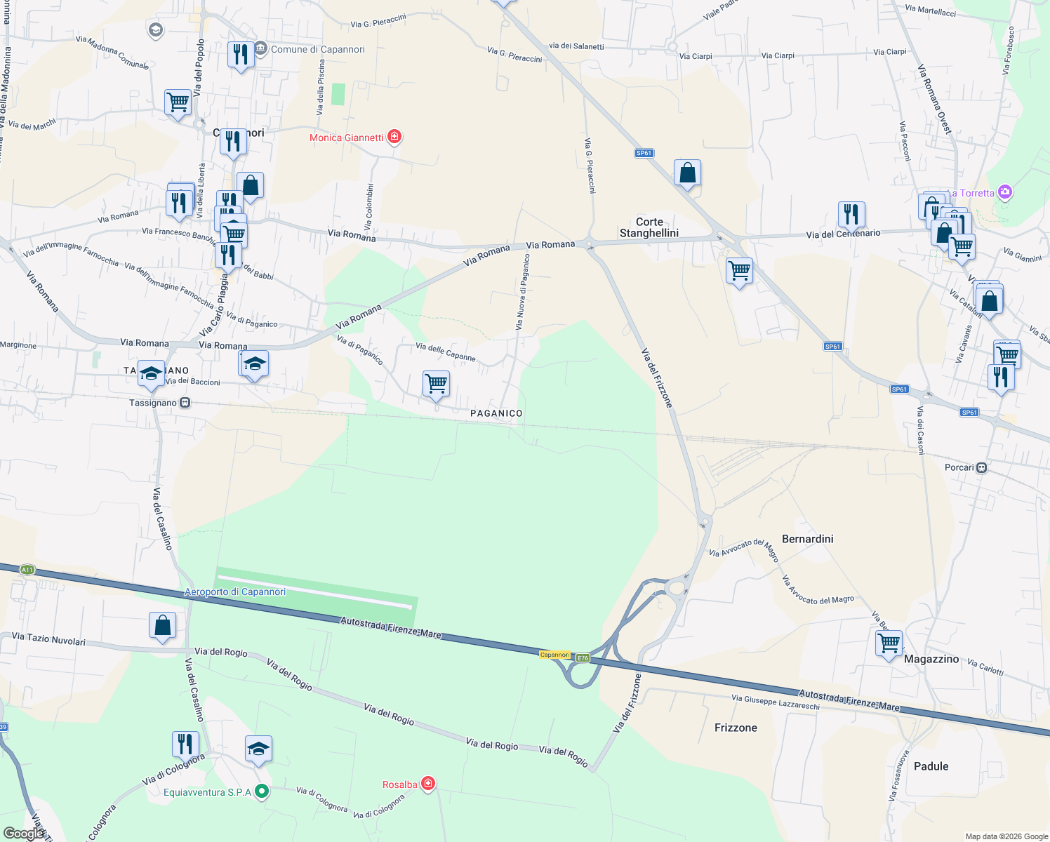map of restaurants, bars, coffee shops, grocery stores, and more near 9 Via dell'Arpino in Capannori