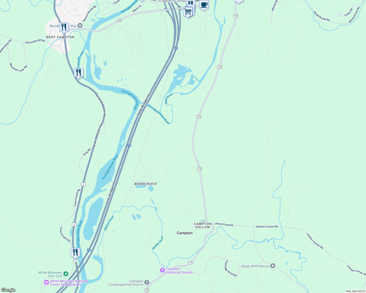 map of restaurants, bars, coffee shops, grocery stores, and more near 19 Beebe River Road in Campton